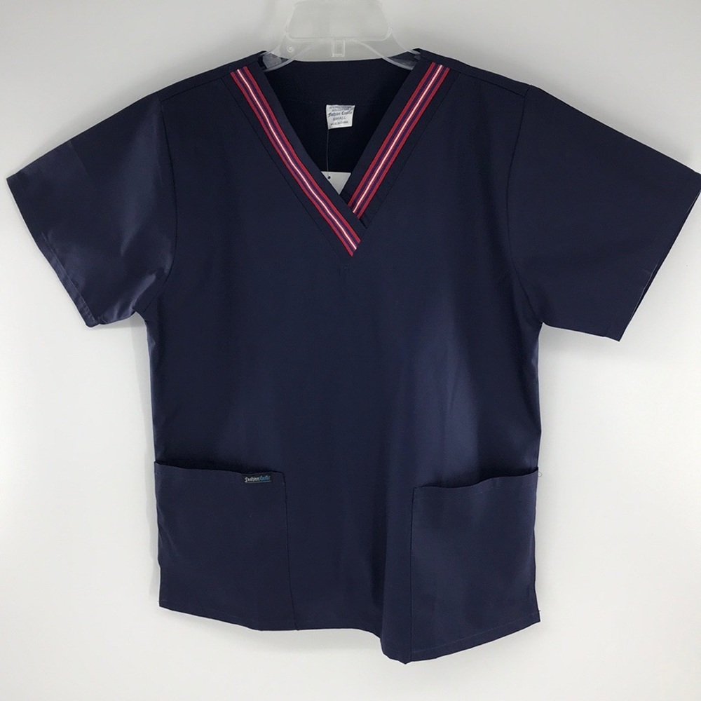 NEW Small Navy Blue Top Scrub Navy Blue/Red Stripe
